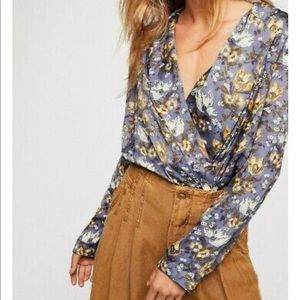 Free People Floral Bodysuit in Blue and Yellow